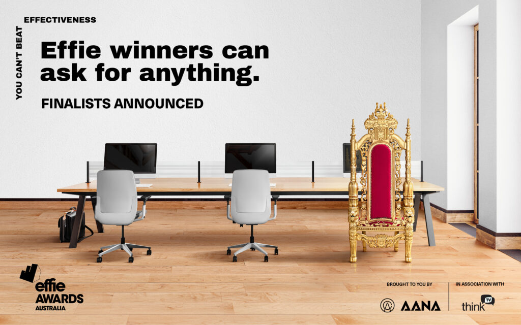 2023 Effie Finalists Announced. Effie Winners Can Ask for Anything. Image of boardroom table with one elaborate fancy chair for the Effie Winner